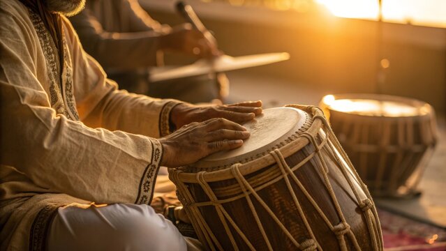 Tabla player's hands performing on drum in golden light