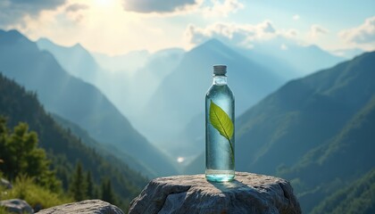Clear glass bottle with fresh water and green leaf sits on rock. Misty mountains backdrop suggests purity and nature. Ideal for eco friendly drink advertising.