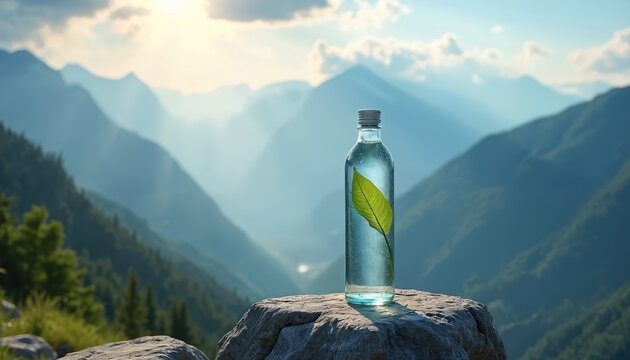 Clear glass bottle with fresh water and green leaf sits on rock. Misty mountains backdrop suggests purity and nature. Ideal for eco friendly drink advertising.