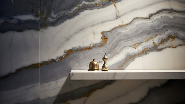 Zoom, gros plan sur un mur en marbre avec commode et d&eacute;coration. Marbre color&eacute;, dor&eacute;. Arri&egrave;re-plan pour conception et cr&eacute;ation graphique.