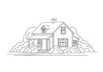 Cozy Home Surrounded by Greenery A Line Art Illustration
