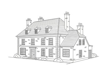 Charming Country Manor Illustration A Classic Residence in Black and White