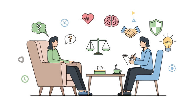 Psychological therapy session with a therapist counseling a patient with illustrated icons symbolizing health and well-being