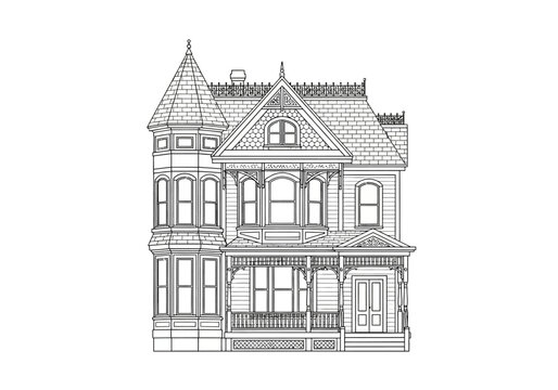 Detailed Line Art Illustration of a Victorian Style House with Intricate Architectural Features