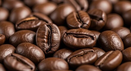 Naklejka premium Close up of roasted coffee beans with rich brown color and detailed texture.