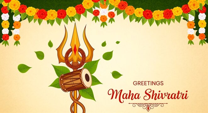 Greeting card with trishula, damru, bilva leaves and floral garland (with zendu flowers) for Maha Shivratri, a Hindu festival celebrated of Lord Shiva two.