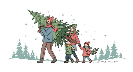 A happy family illustration showing parents and two children carrying a Christmas tree through a snowy winter forest