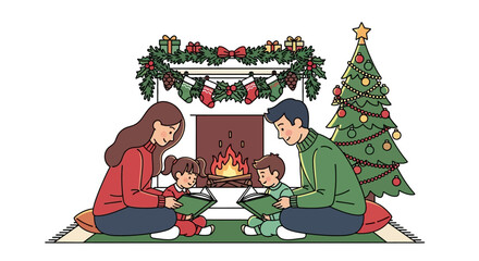 Family reading books in front of a fireplace at Christmas illustration