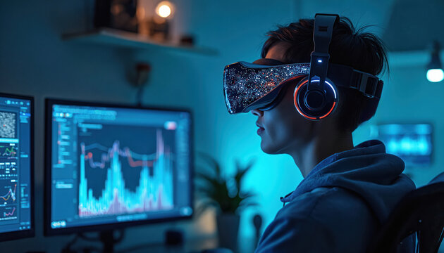 Person wears virtual reality headset, looks at monitor with graphs. User interacts with digital interface, explores cyber space. Futuristic tech simulates brain computer connection, data analysis.
