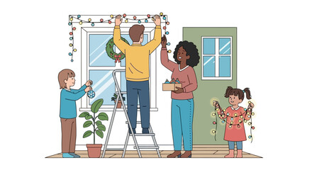 Family Decorating Home with Christmas Lights and Wreath Together