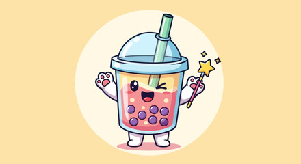 Cartoon boba tea character with magical wand and playful expression