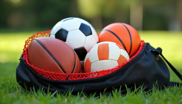 Black sports bag with soccer, basketball, rugby and volleyball rests on green grass. Ready for game or training, diverse balls for different sports.