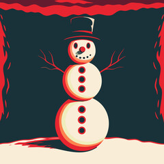 A whimsical snowman stands tall against a dark backdrop, its three spherical sections adorned with buttons and a carrot nose, topped with a stylish black hat, evoking a sense of winter charm