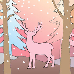 A whimsical winter landscape presents a pink deer standing amidst snowdusted trees under a pastel sky with falling snowflakes, creating a charming and magical seasonal illustration