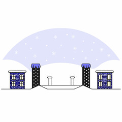 A whimsical winter scene unfolds with snow falling gently over a quaint bridge flanked by charming buildings, creating a serene and picturesque