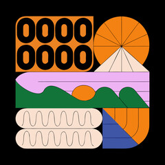 Abstract geometric composition featuring stylized landscapes, sun, and geometric shapes in a retromodern design, creating a visually striking and balanced artwork on a