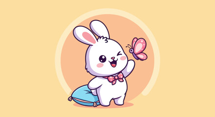 Cartoon bunny interacting with a butterfly on a yellow background