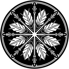An intricate black and white circular design featuring a central star pattern surrounded by stylized feathers and decorative elements, creating a visually appealing and symmetrical composition