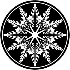 An intricate black and white circular design featuring a central starburst pattern surrounded by stylized leaves and decorative elements, creating a visually captivating and symmetrical composition