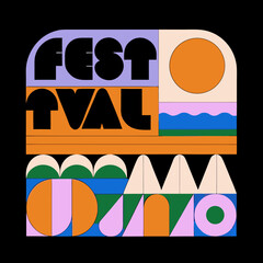 Creative festivalthemed design with geometric shapes forming landscapes, text, and abstract elements, creating a visually engaging and modern composition on a black backdrop