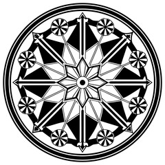 An intricate black and white mandala design featuring geometric shapes, floral patterns, and symmetrical elements, creating a visually appealing and balanced composition
