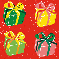 Festive christmas presents arranged in a square pattern on a red background, featuring colorful gift boxes with ribbons and bows, creating a cheerful and celebratory holiday theme