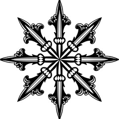 Elegant black and white snowflake design, featuring intricate details and symmetrical patterns, perfect for winterthemed decorations and festive crafts