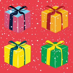 Festive christmas presents arranged in a square pattern on a red background, showcasing colorful gift boxes with ribbons and bows, evoking a cheerful and celebratory holiday theme