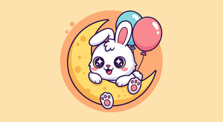 Cartoon bunny on crescent moon holding balloons for cute design concept