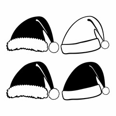 Four santa hats, two in black and two in white, are arranged against a, each featuring a fluffy white trim and a playful pompom