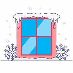 Illustration of a window frame with snow and snowflakes, , creating a wintery scene with a pink frame and blue glass panes, evoking a sense of cold and festive atmosphere