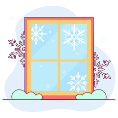 Illustration of a window with snowflakes and snow, , featuring a yellow frame and light blue glass, creating a winter scene with a festive and decorative element