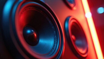 Close up of large audio speaker cone. Blue, red neon lights reflect on black surface. Speakers visible in background. Creates dynamic tech background for music party themes. Modern sound system for