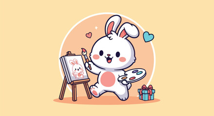 Cartoon bunny painting on easel with palette and gift illustration