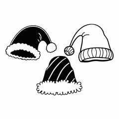 Three santa hats with fur trim and unique designs are arranged, perfect for christmas and holiday themes, adding a festive touch