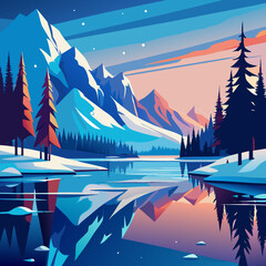 Tranquil winter scene with snowcapped mountains reflected in a calm lake, framed by pine trees and a colorful sky, creating a peaceful and serene atmosphere in a minimalist style