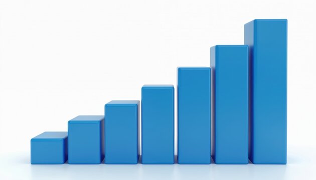 Blue 3D bar graph shows steady increase in columns on clear white background. Chart visually represents strong business growth, market success, financial progress, economic development, data