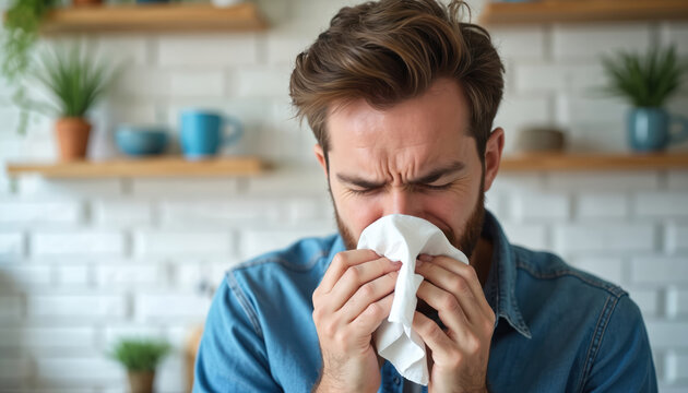 Man sneezes into white tissue, suffering from spring allergies at home. He has red itchy eyes and a stuffy nose, trying to find relief from symptoms.