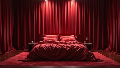 Red bedroom interior with dark dramatic lighting. Bed with red sheets pillows is in the center. Curtains are behind. Romance and luxury concept.