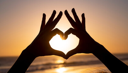 Forever Yours — Hands forming a heart shape against sunset, soft silhouettes, golden sky. 