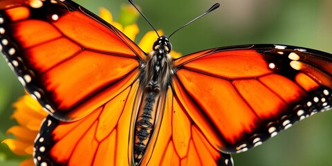 Close-up of vibrant monarch butterfly with outstretched wings,  pattern,  flower