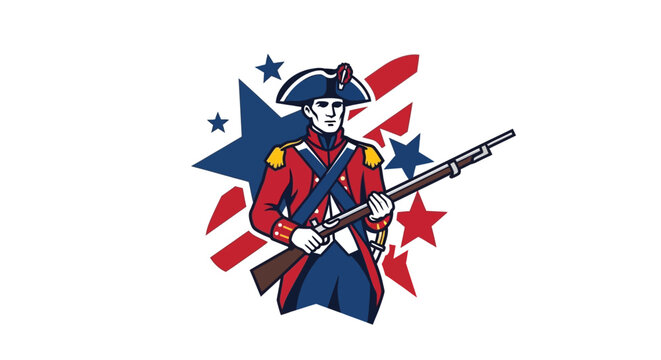 American Revolutionary War soldier in red coat, blue tricorn hat, gold epaulets, holding musket.