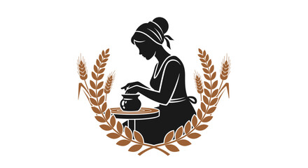 Black silhouette of woman potter at wheel, shaping clay, framed by brown wheat stalks and laurel leaves.