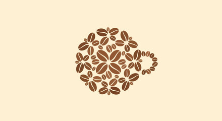 A brown coffee cup silhouette made from creatively arranged coffee beans in a floral pattern.
