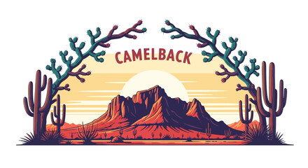 Camelback Mountain Desert Landscape with Saguaro Cacti and Sunset