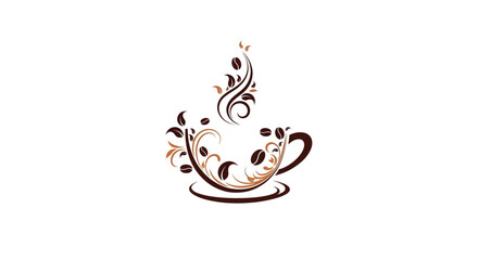 Elegant coffee cup illustration with ornate brown floral swirls, leaves, and coffee beans.