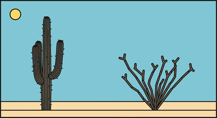 Cartoon Desert Landscape with Saguaro Cactus and Ocotillo Plant