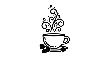 Elegant Black Coffee Cup with Decorative Steam and Coffee Beans
