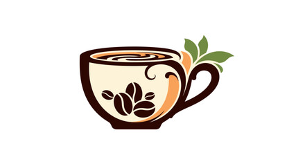 Stylized coffee cup design featuring coffee beans, swirling liquid, and fresh green leaves