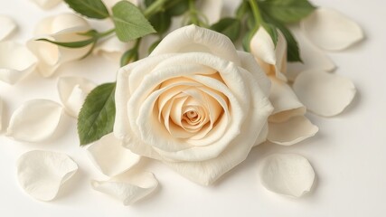 A delicate ivory rose, its petals softly unfurling, rests amidst scattered petals and lush green leaves, creating a serene and romantic floral arrangement.